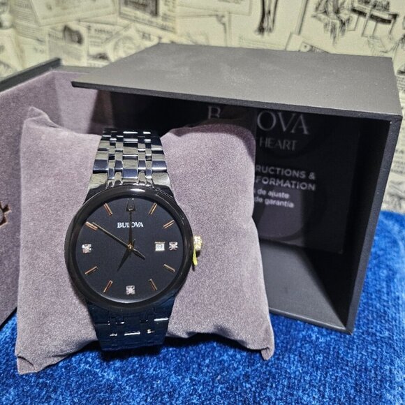 Bulova Other - NEW Bulova Men's Modern Black Tone Gold Hands Stainless Steel Date Quartz Watch